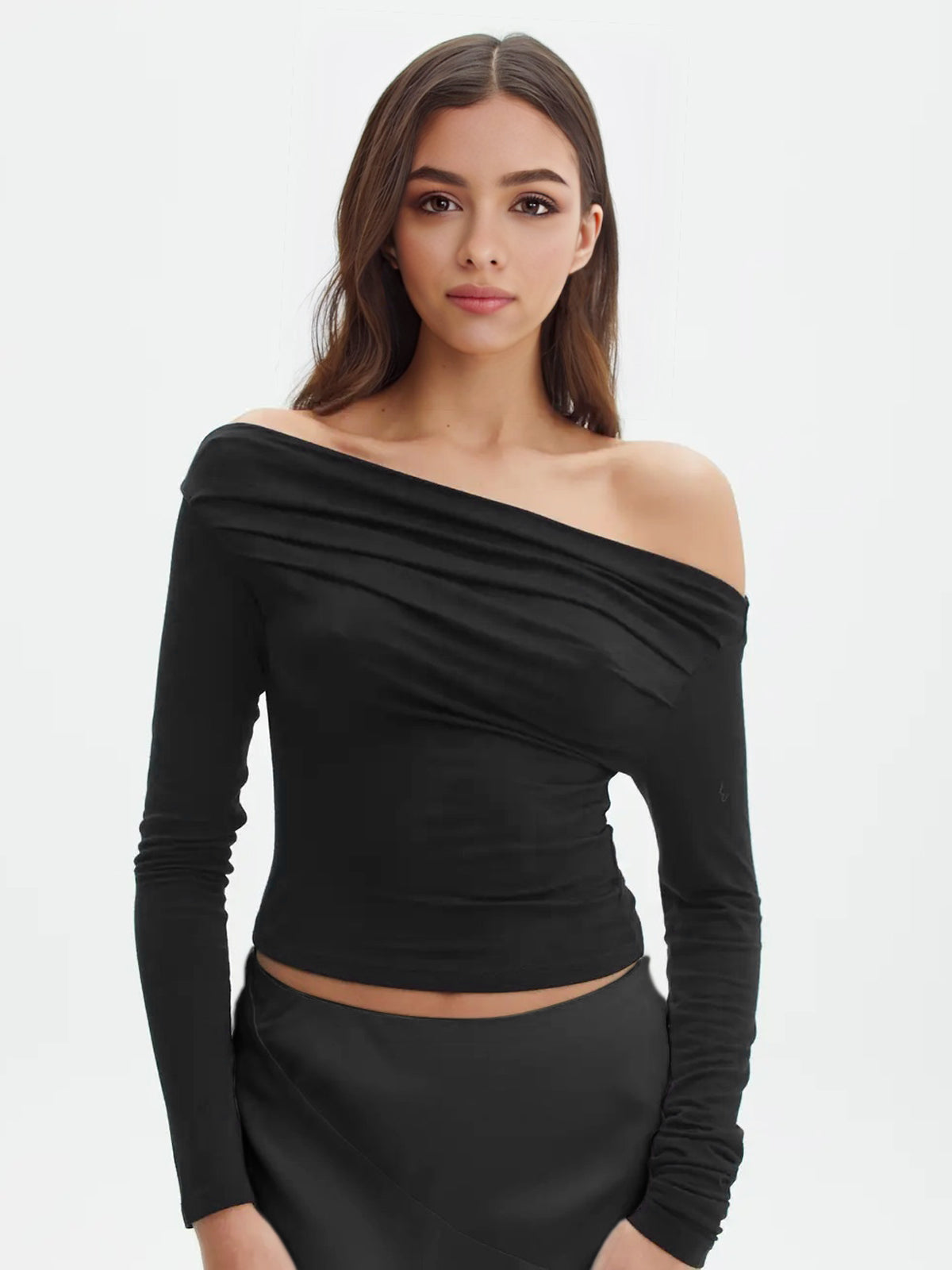 Oblique Off-Shoulder Long Sleeve T-Shirt-Chicvia
