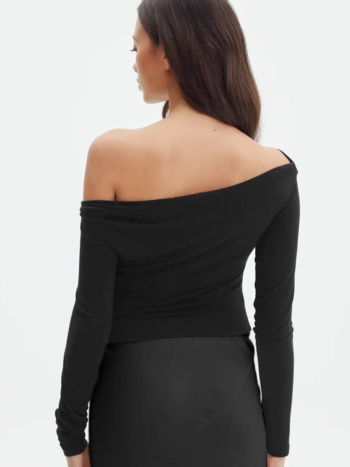 Oblique Off-Shoulder Long Sleeve T-Shirt-Chicvia