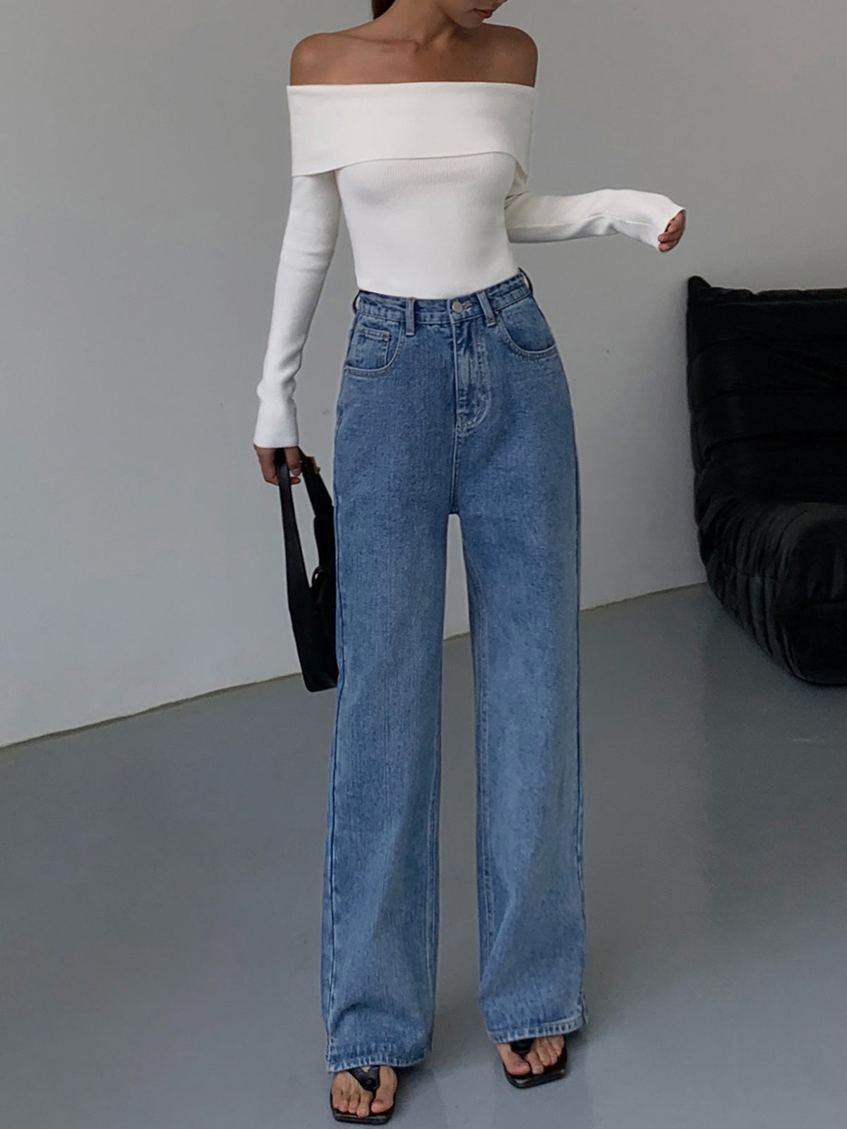 Off Shoulder Overfold Long Sleeve Knit Top-Chicvia