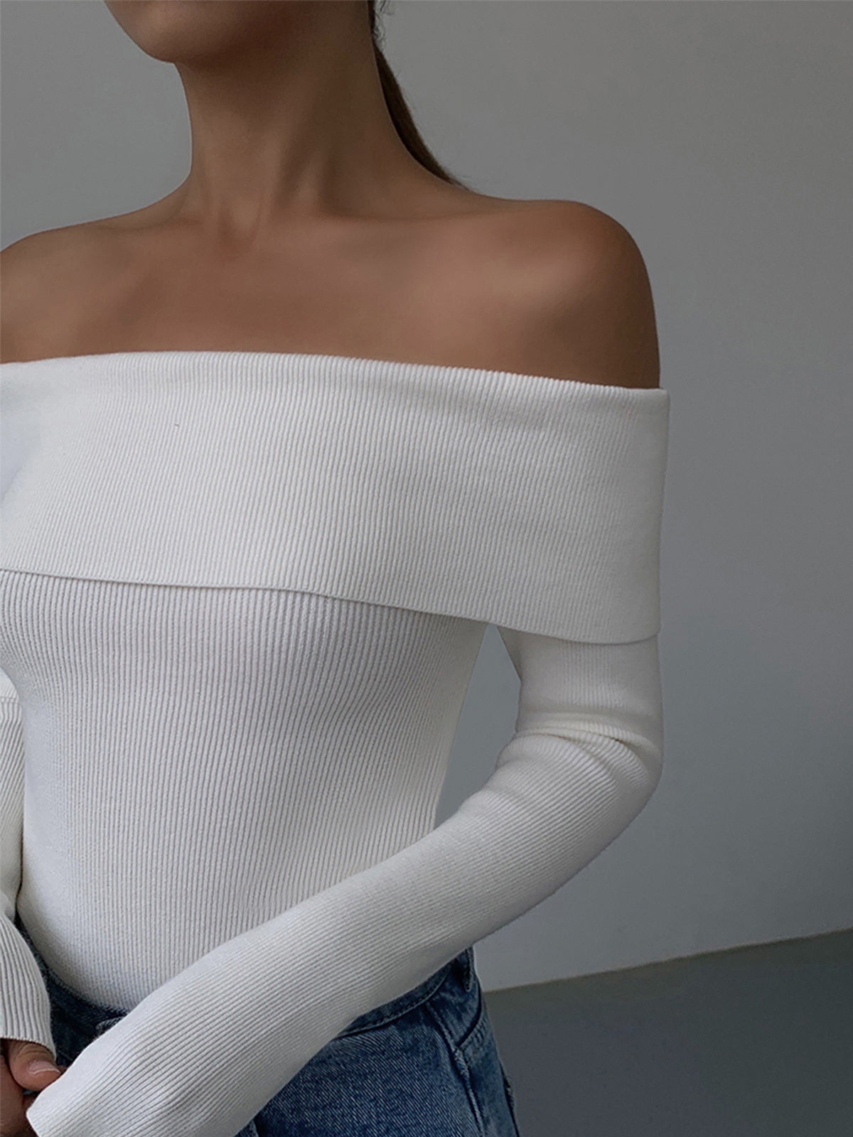 Off Shoulder Overfold Long Sleeve Knit Top-Chicvia