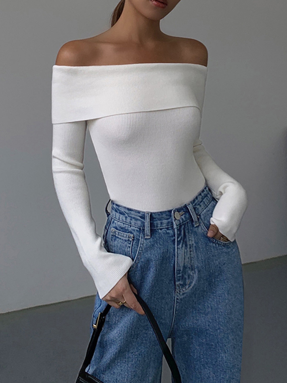 Off Shoulder Overfold Long Sleeve Knit Top-Chicvia