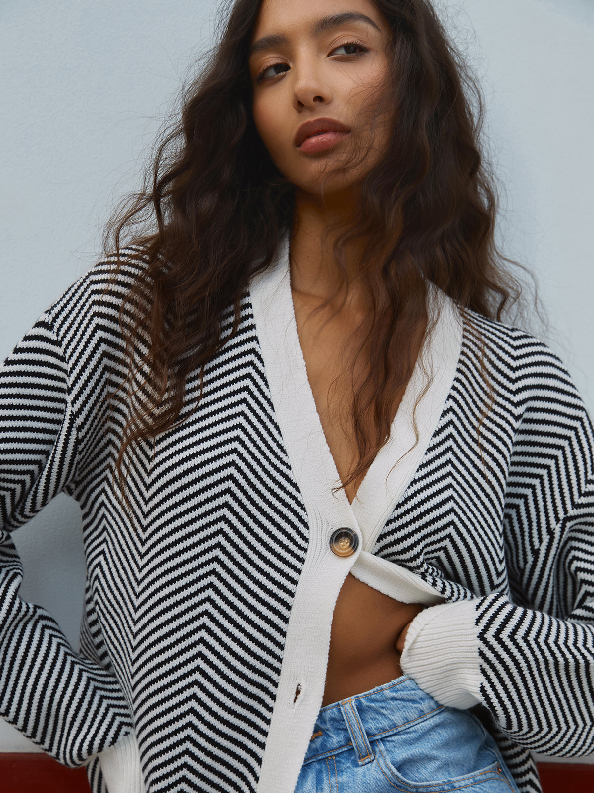 Oversized Herringbone Cardigan-Chicvia