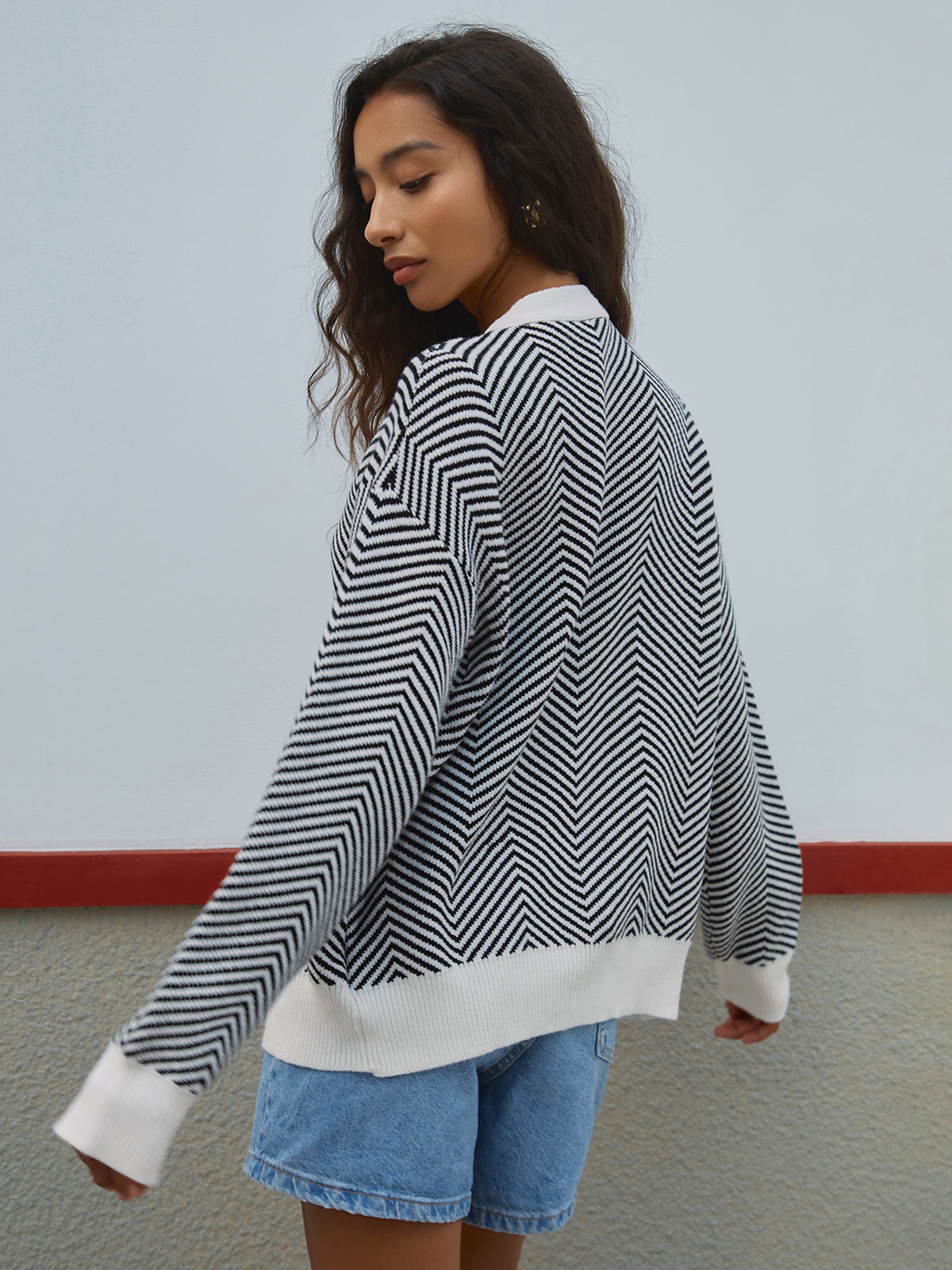 Oversized Herringbone Cardigan-Chicvia