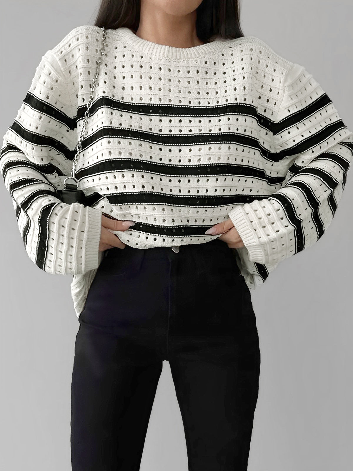 Know Your Worth Eyelet Stripe Sweater-Chicvia