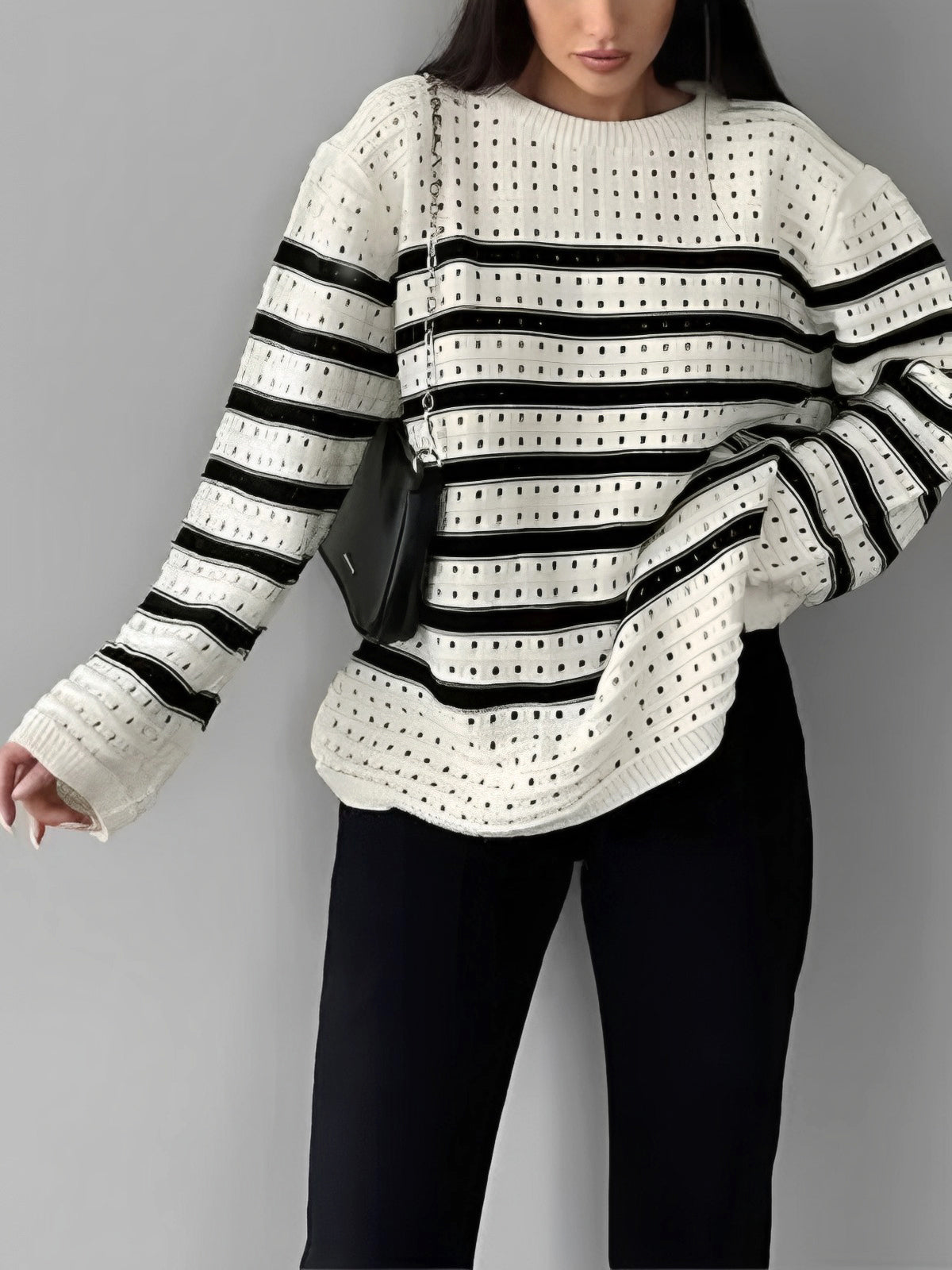 Know Your Worth Eyelet Stripe Sweater-Chicvia