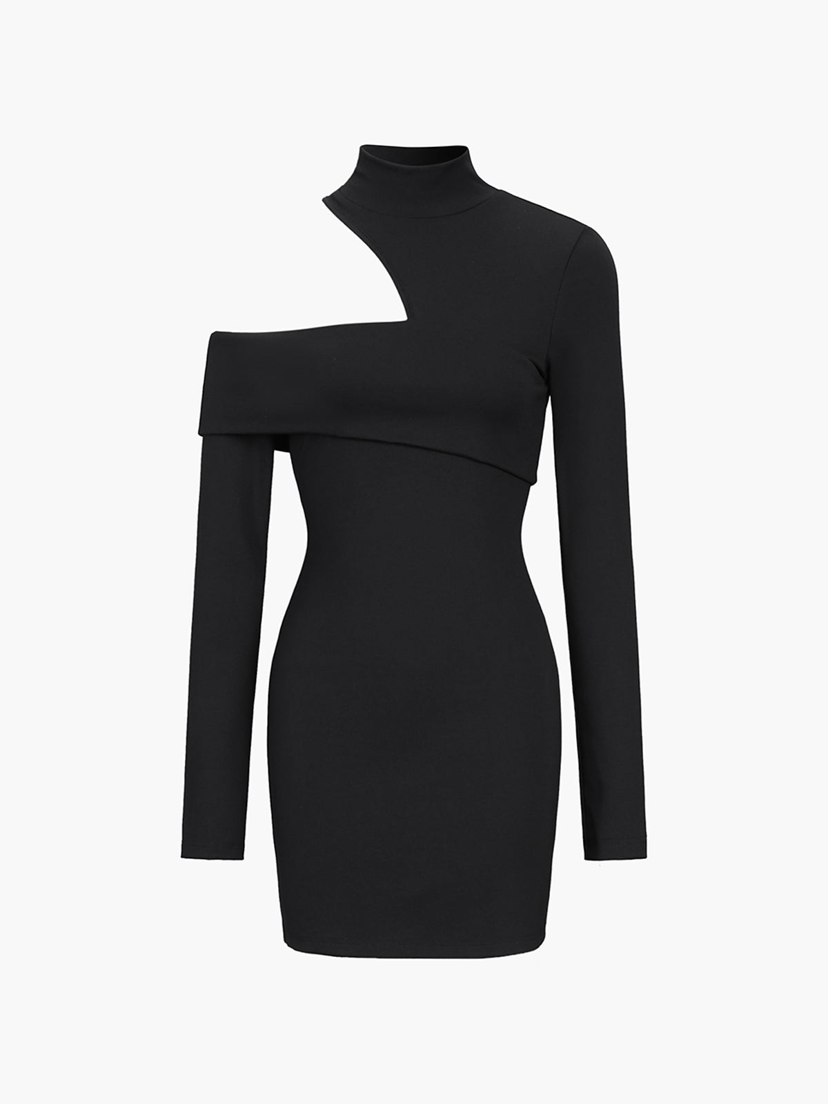 Mock Neck Oblique Cutout Rib Long Sleeve Short Dress-Chicvia