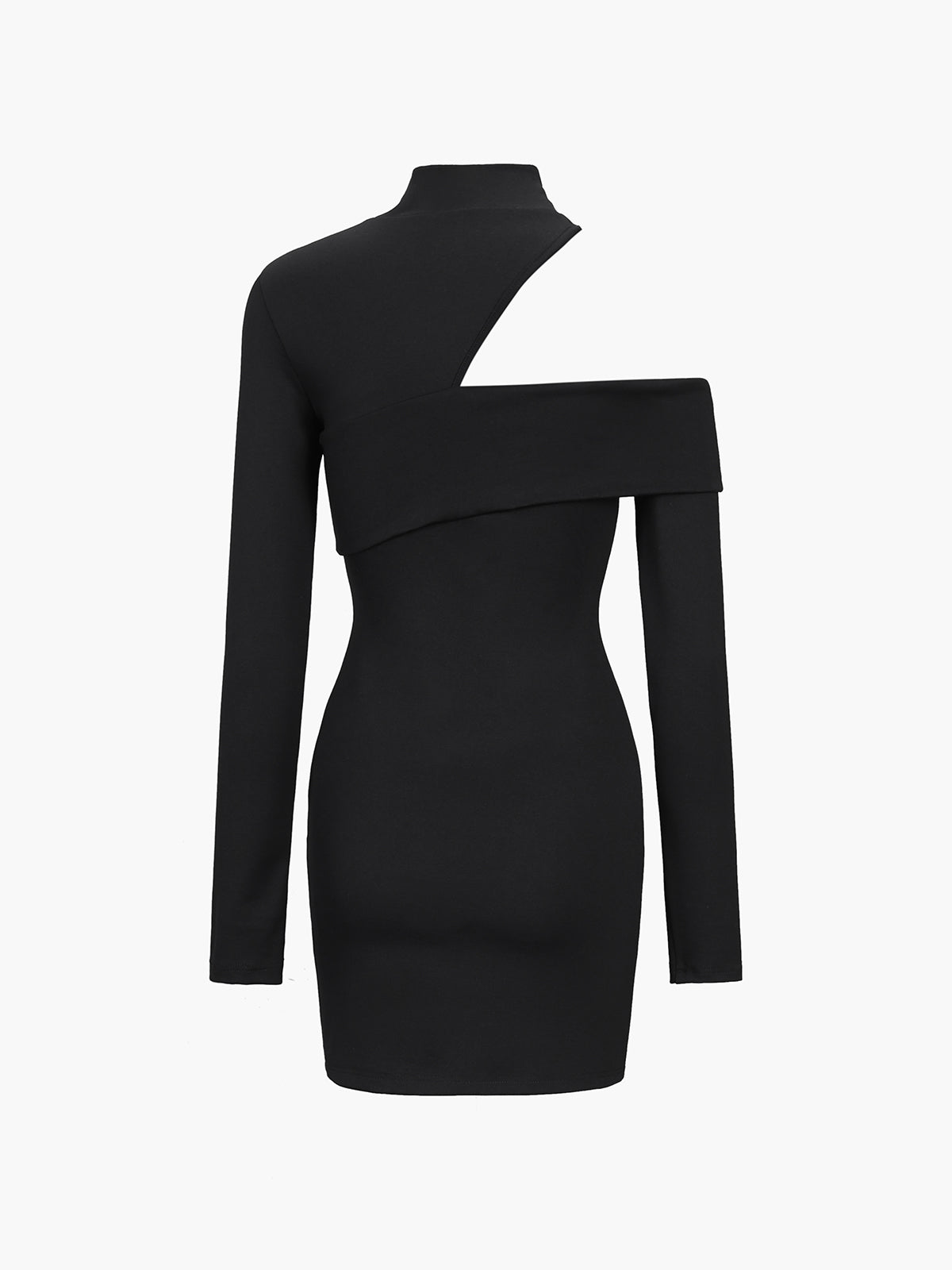 Mock Neck Oblique Cutout Rib Long Sleeve Short Dress-Chicvia