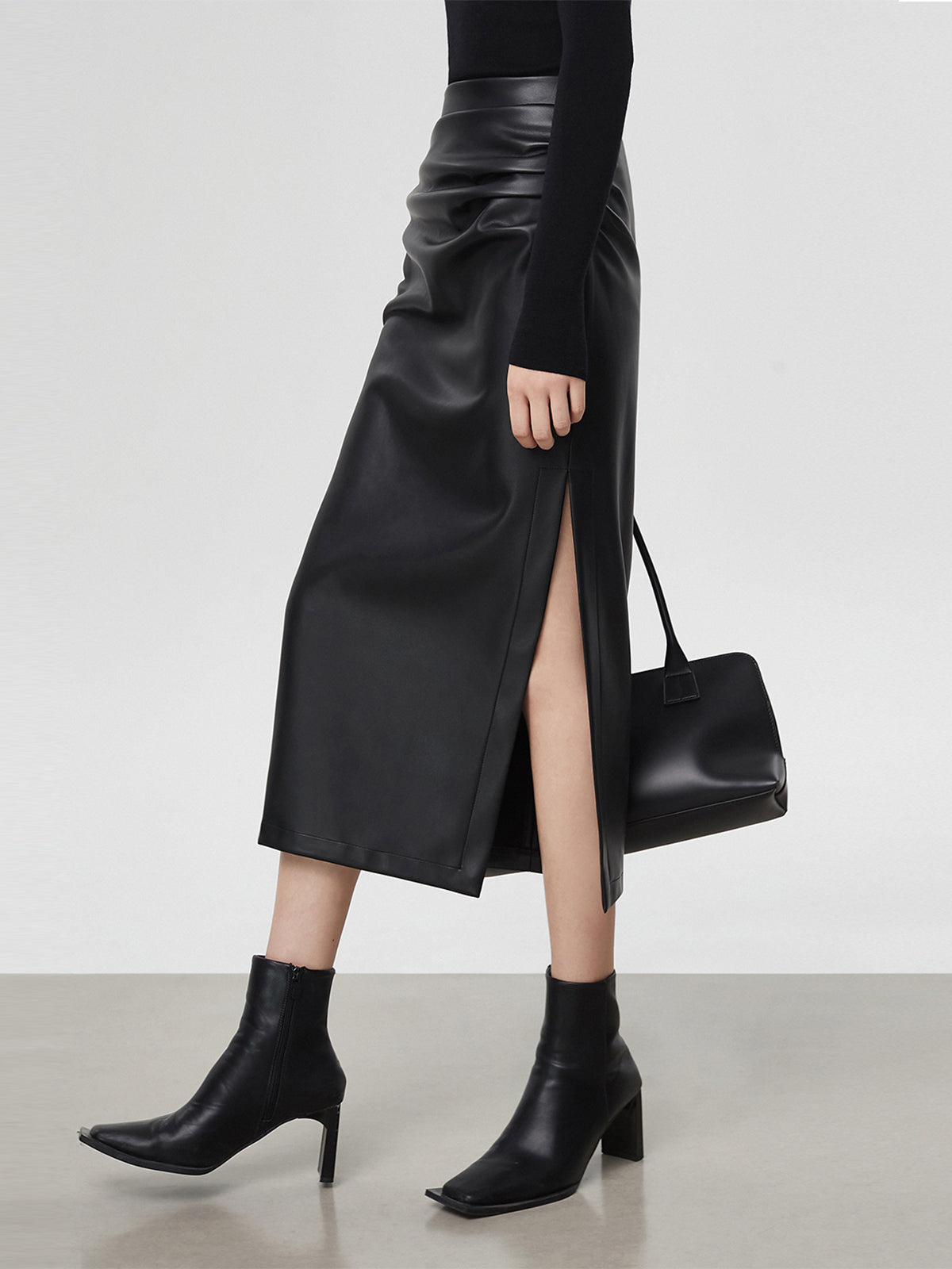 Faux Leather Ruched Slit Midi Skirt-Chicvia