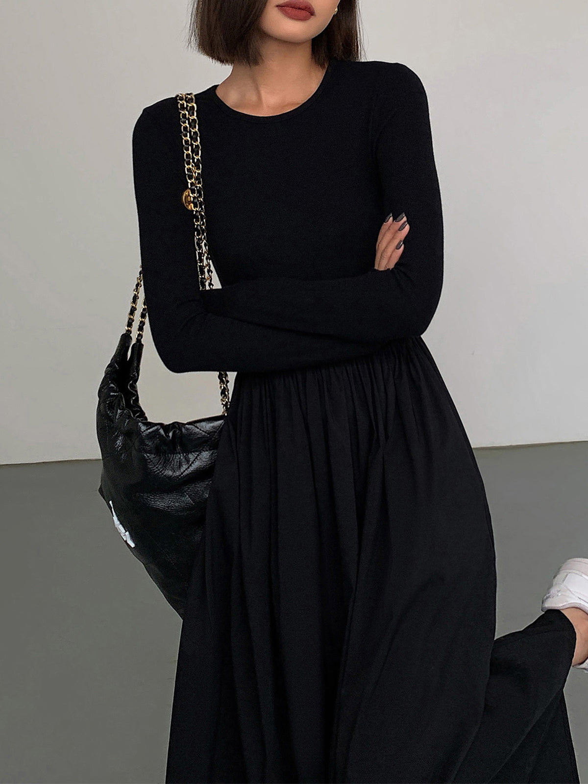 Leisure Pockets Long Sleeve Long Dress-Chicvia