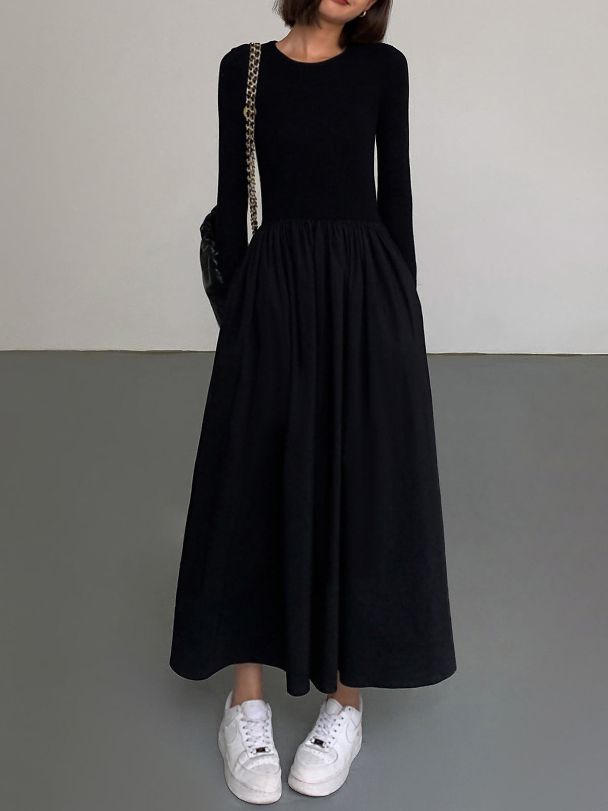 Leisure Pockets Long Sleeve Long Dress-Chicvia