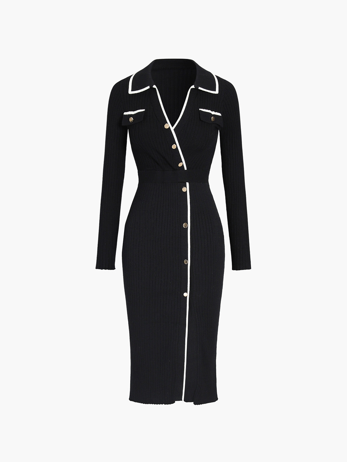 Contrast Trim Wrap Midi Knit Dress-Chicvia