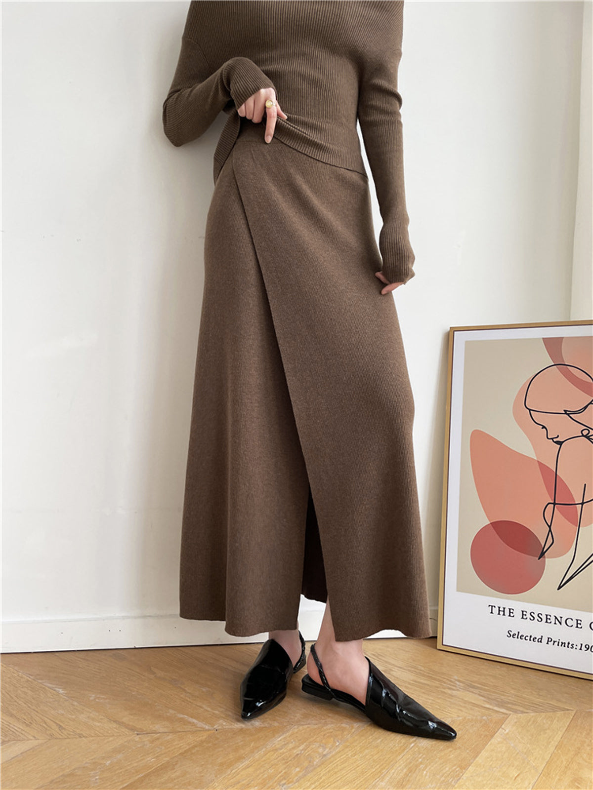 Caramel Slit Maxi Knit Skirt-Chicvia