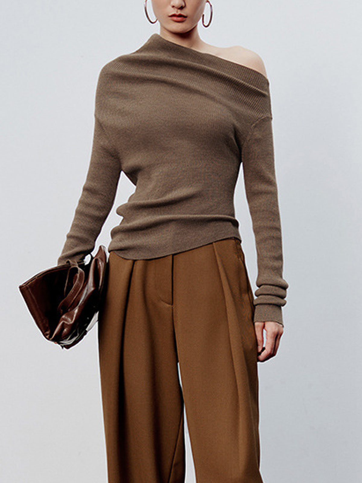 Caramel Asymmetric Neckline Long Sleeve Knit Top-Chicvia