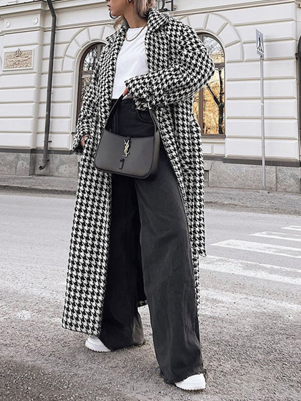Oversized Houndstooth Tweed Trench Coat-Chicvia