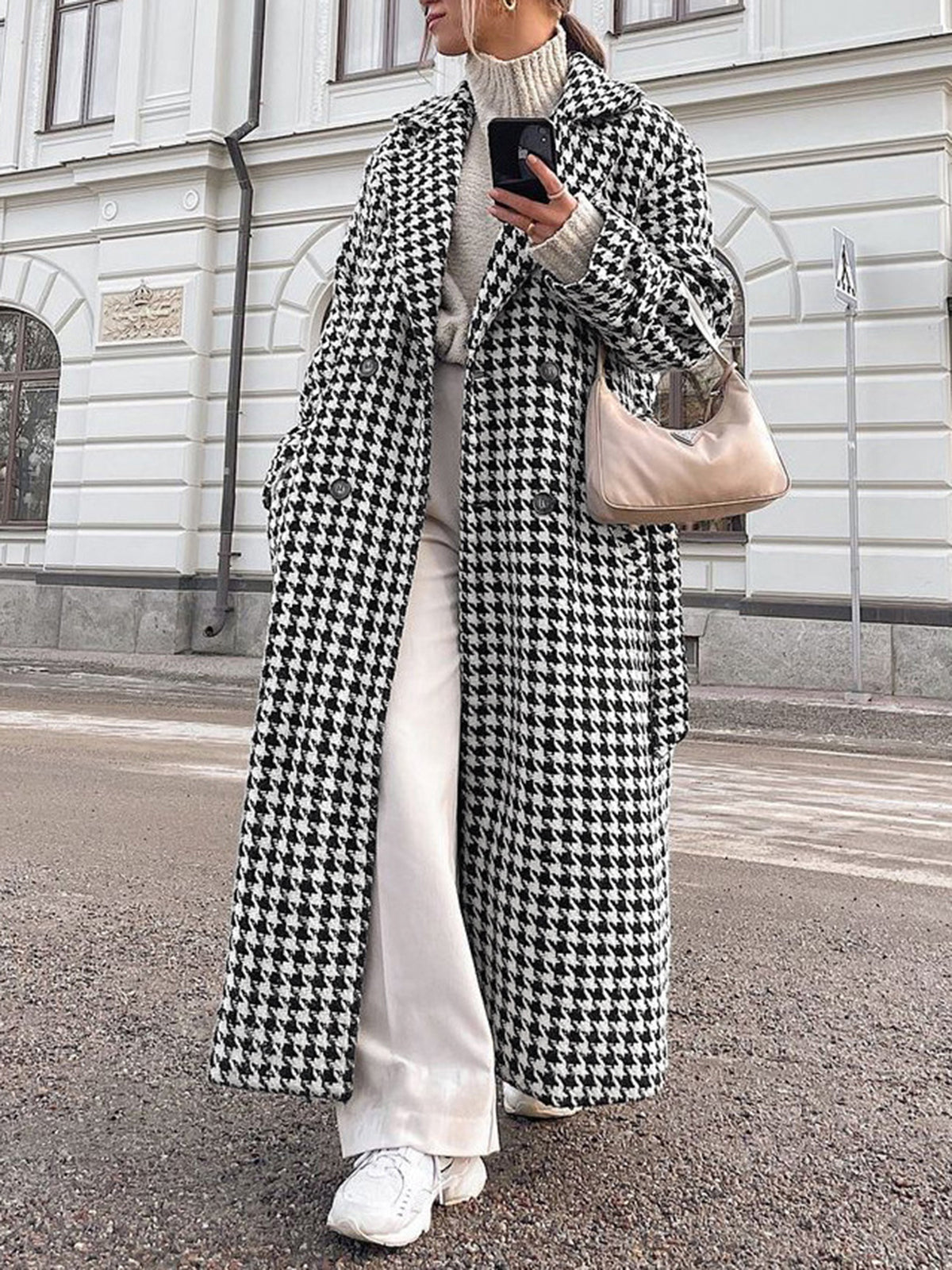 Oversized Houndstooth Tweed Trench Coat-Chicvia