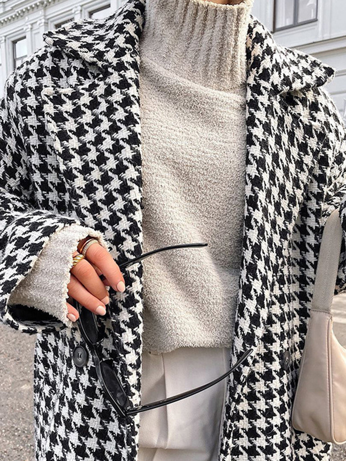 Oversized Houndstooth Tweed Trench Coat-Chicvia