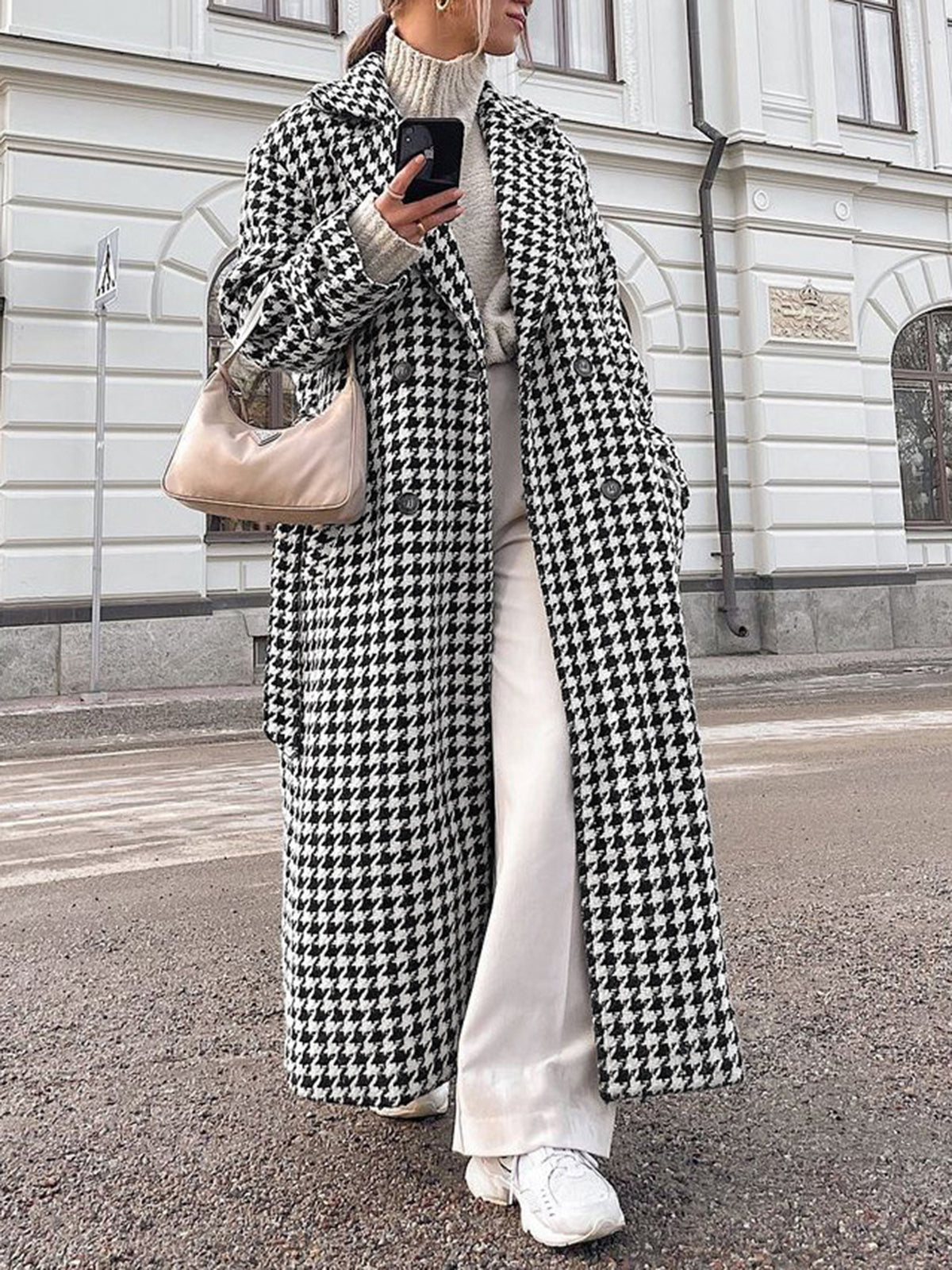 Oversized Houndstooth Tweed Trench Coat-Chicvia