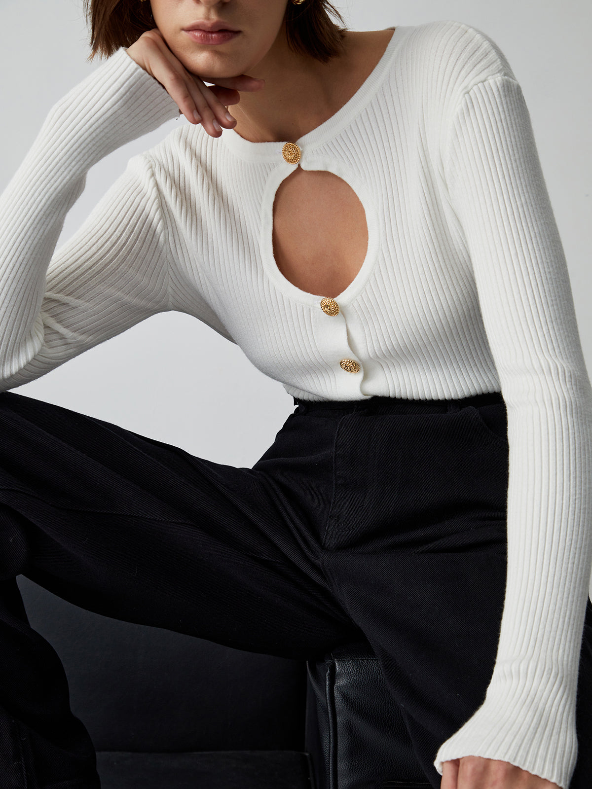 Effortless Keyhole Long Sleeve Knit Top-Chicvia