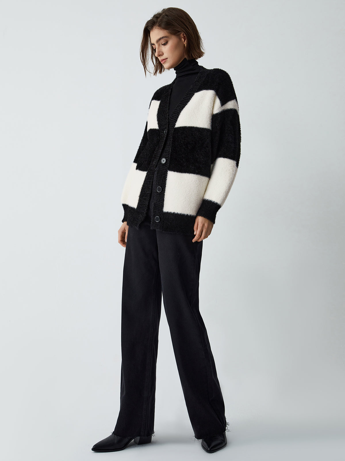First Choice Stripe Fuzzy Cardigan-Chicvia