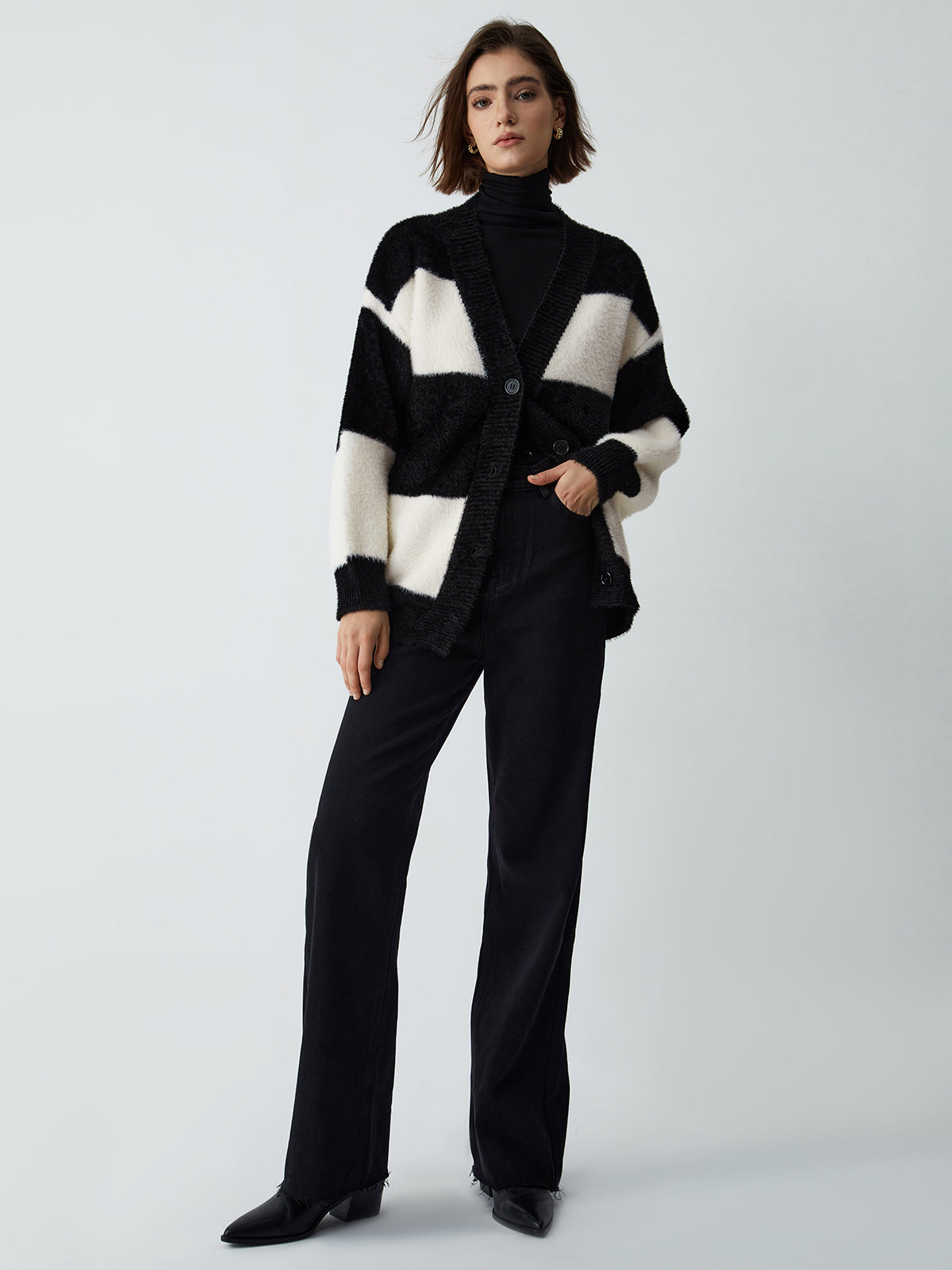First Choice Stripe Fuzzy Cardigan-Chicvia