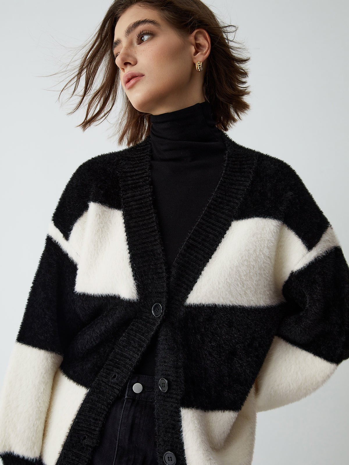 First Choice Stripe Fuzzy Cardigan-Chicvia