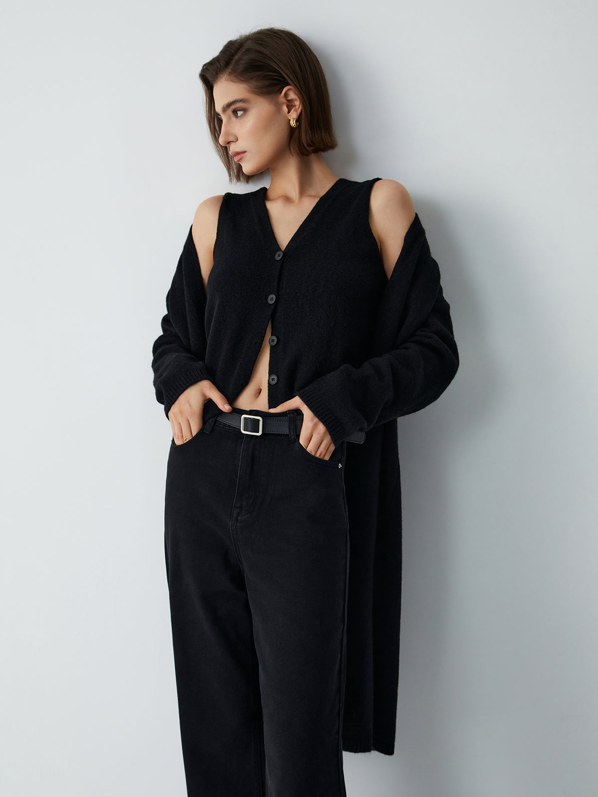 Leisure Long Cardigan With Knit Vest-Chicvia