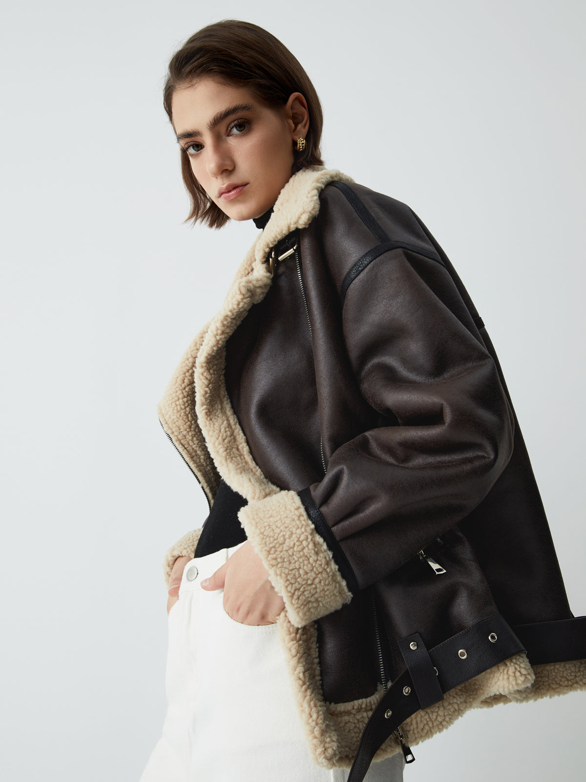Classic Sherpa Lined Shearling Leather Flight Jacket-Chicvia