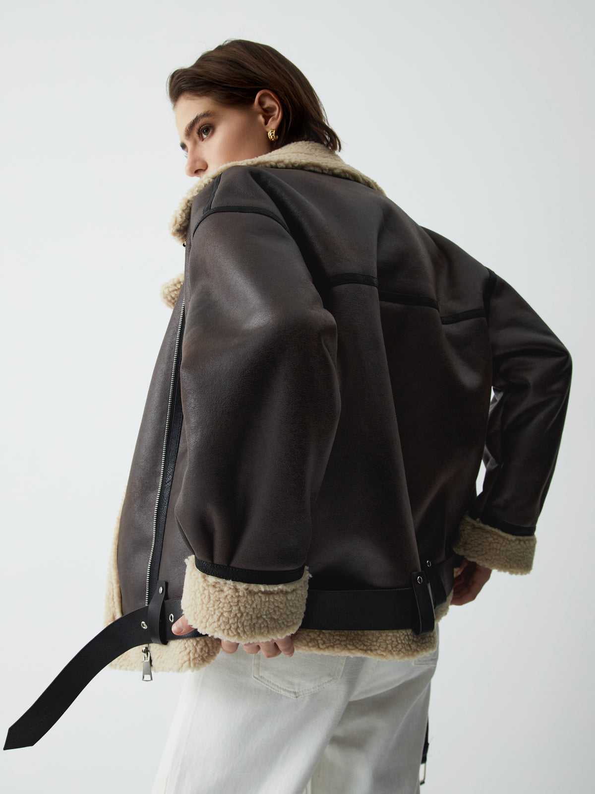 Classic Sherpa Lined Shearling Leather Flight Jacket-Chicvia
