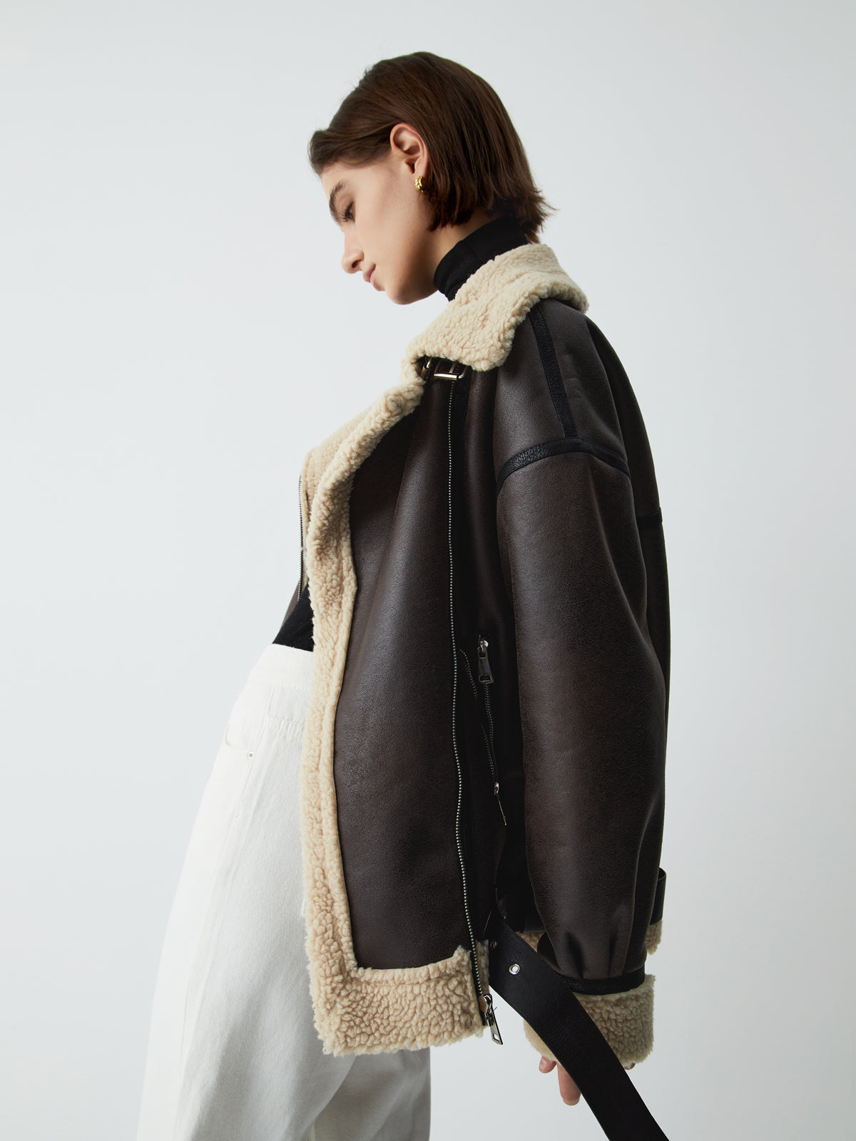 Classic Sherpa Lined Shearling Leather Flight Jacket-Chicvia