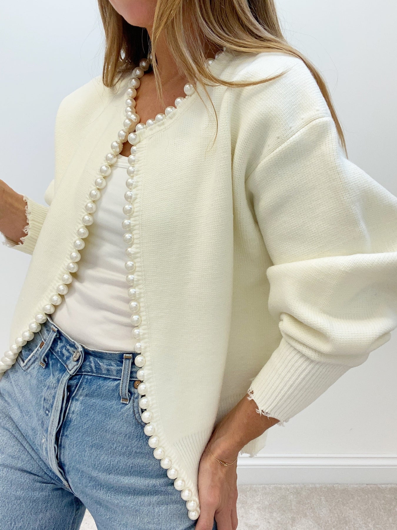 Pearl Trim Ripped Hem Cardigan-Chicvia
