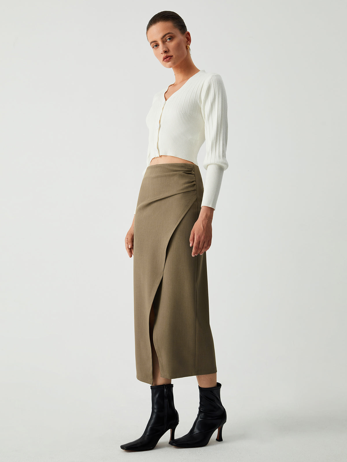 Maple Wrap Slit Midi Skirt-Chicvia