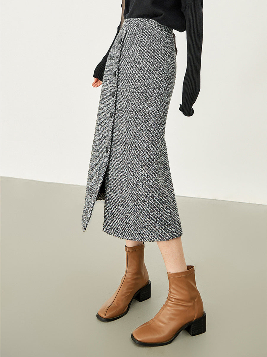 Button Down Tweed Boucle Maxi Skirt-Chicvia