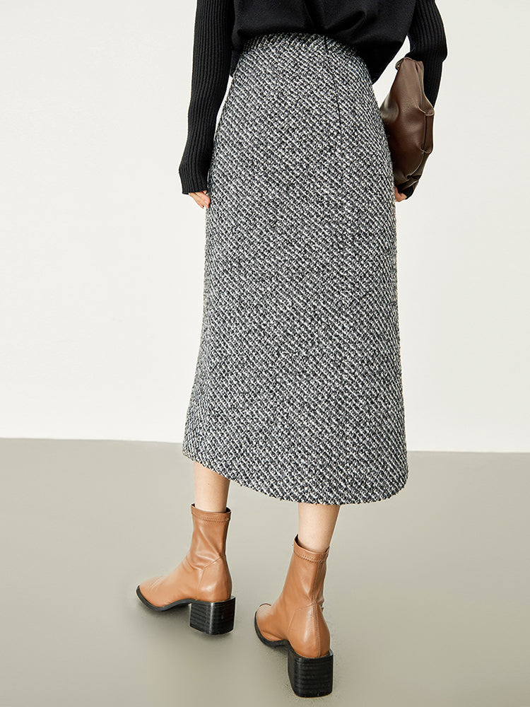 Button Down Tweed Boucle Maxi Skirt-Chicvia