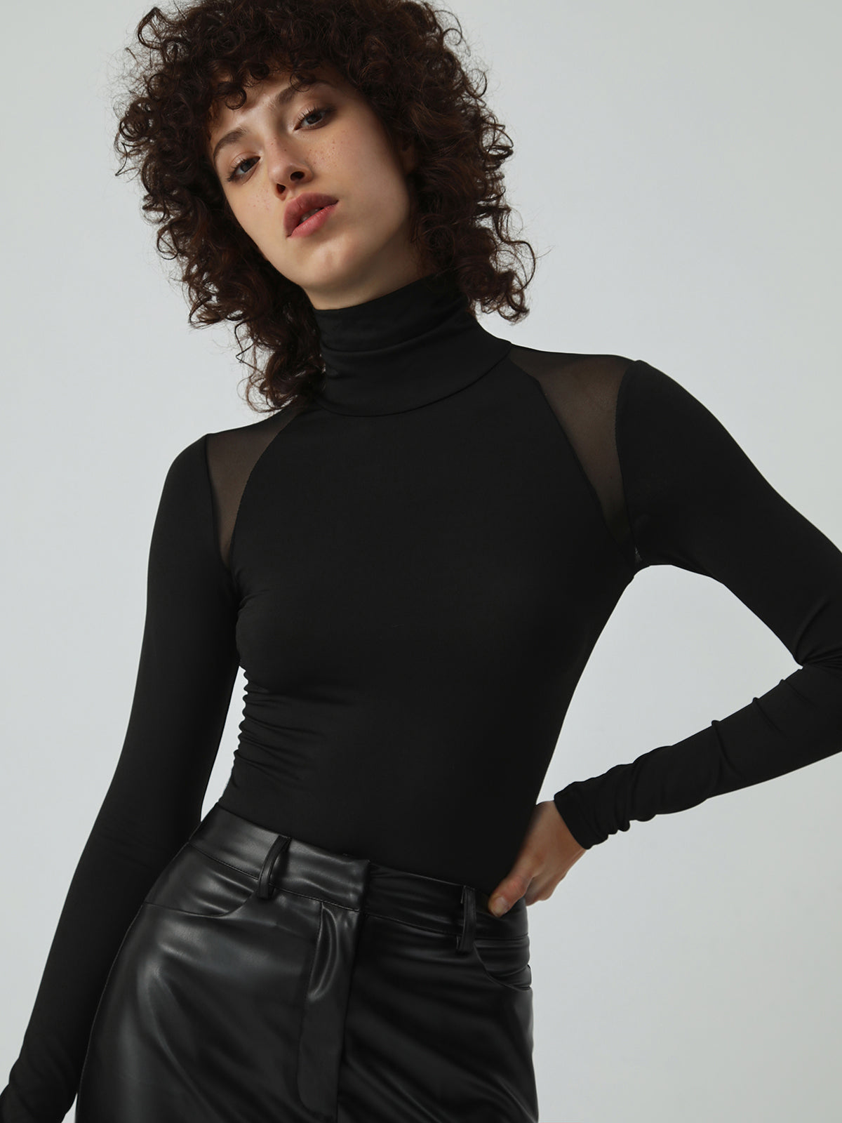 Patchwork Mesh Turtleneck Long Sleeve Bodysuit-Chicvia