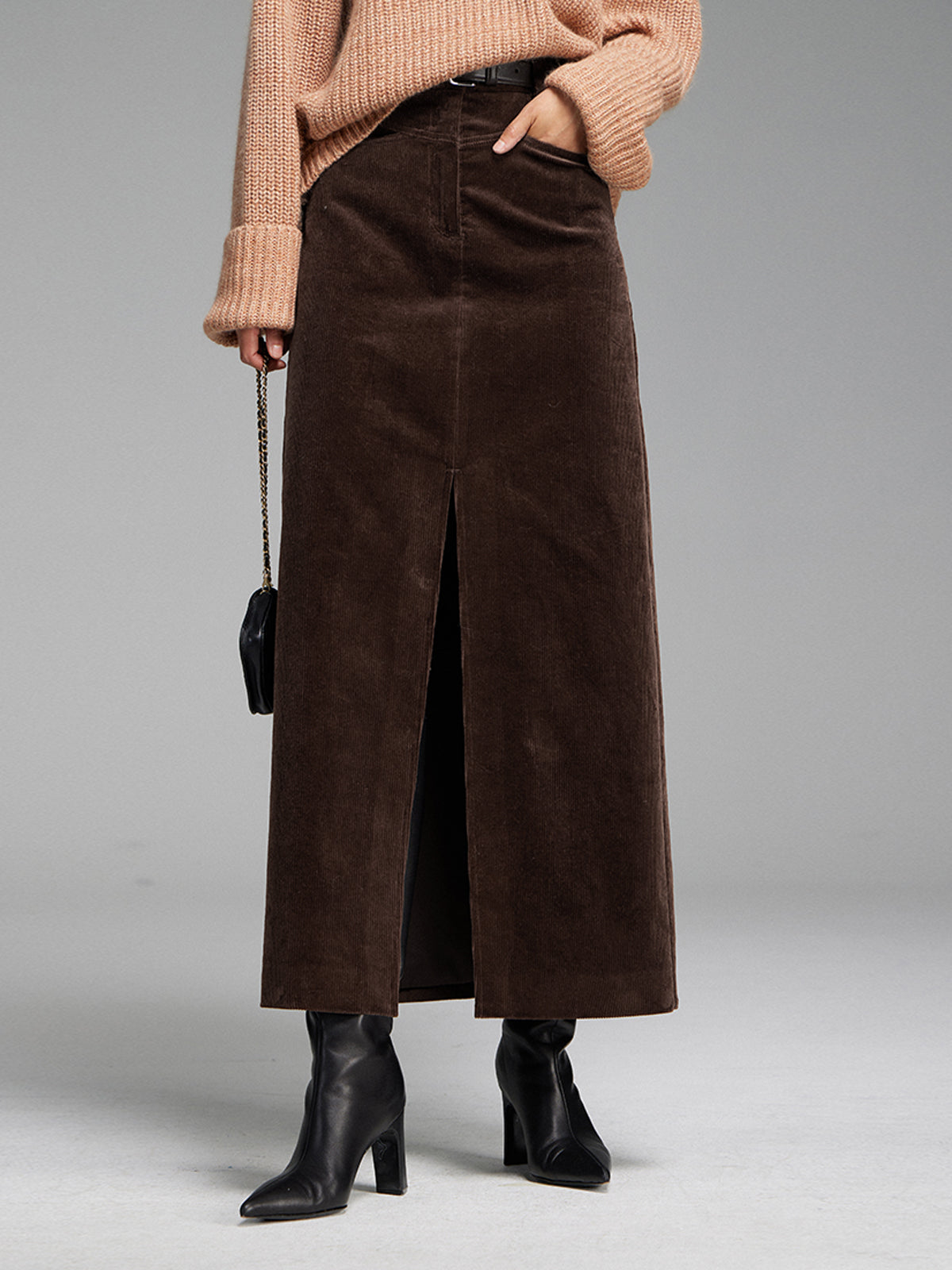 Pockets Corduroy Slit Maxi Skirt-Chicvia