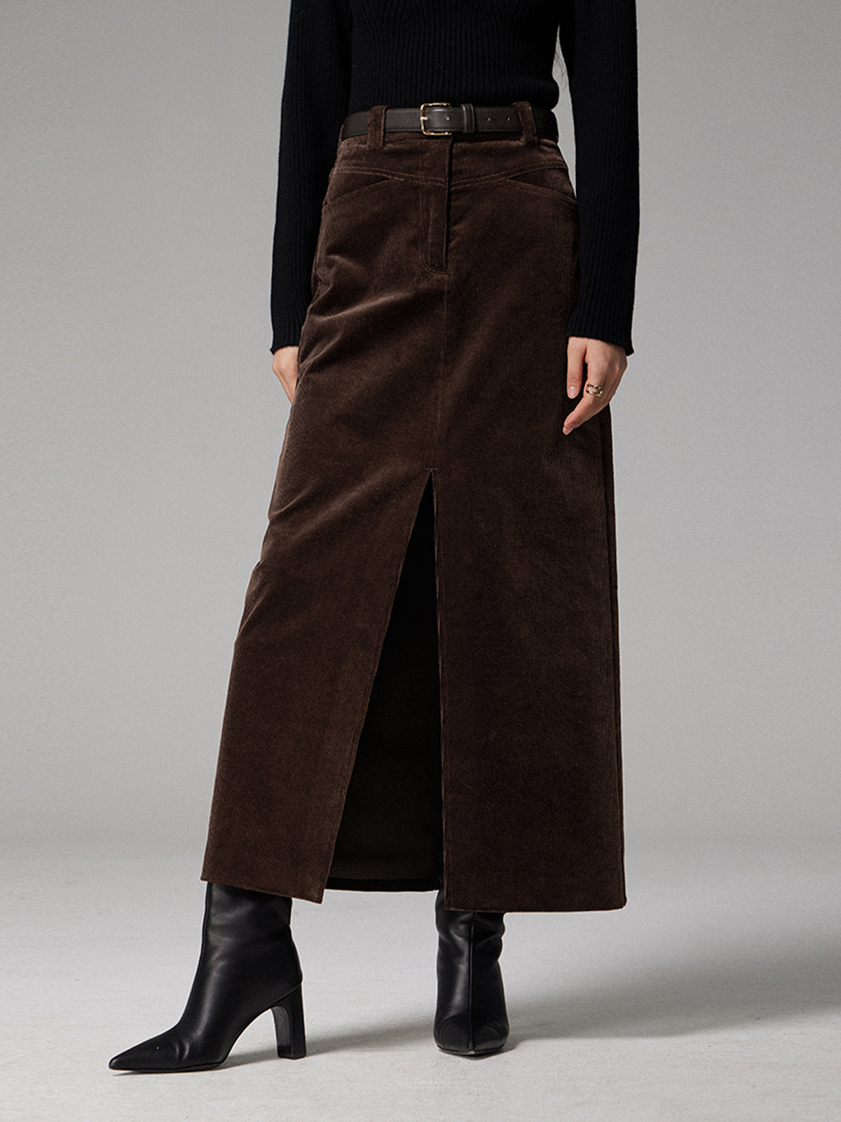 Pockets Corduroy Slit Maxi Skirt-Chicvia