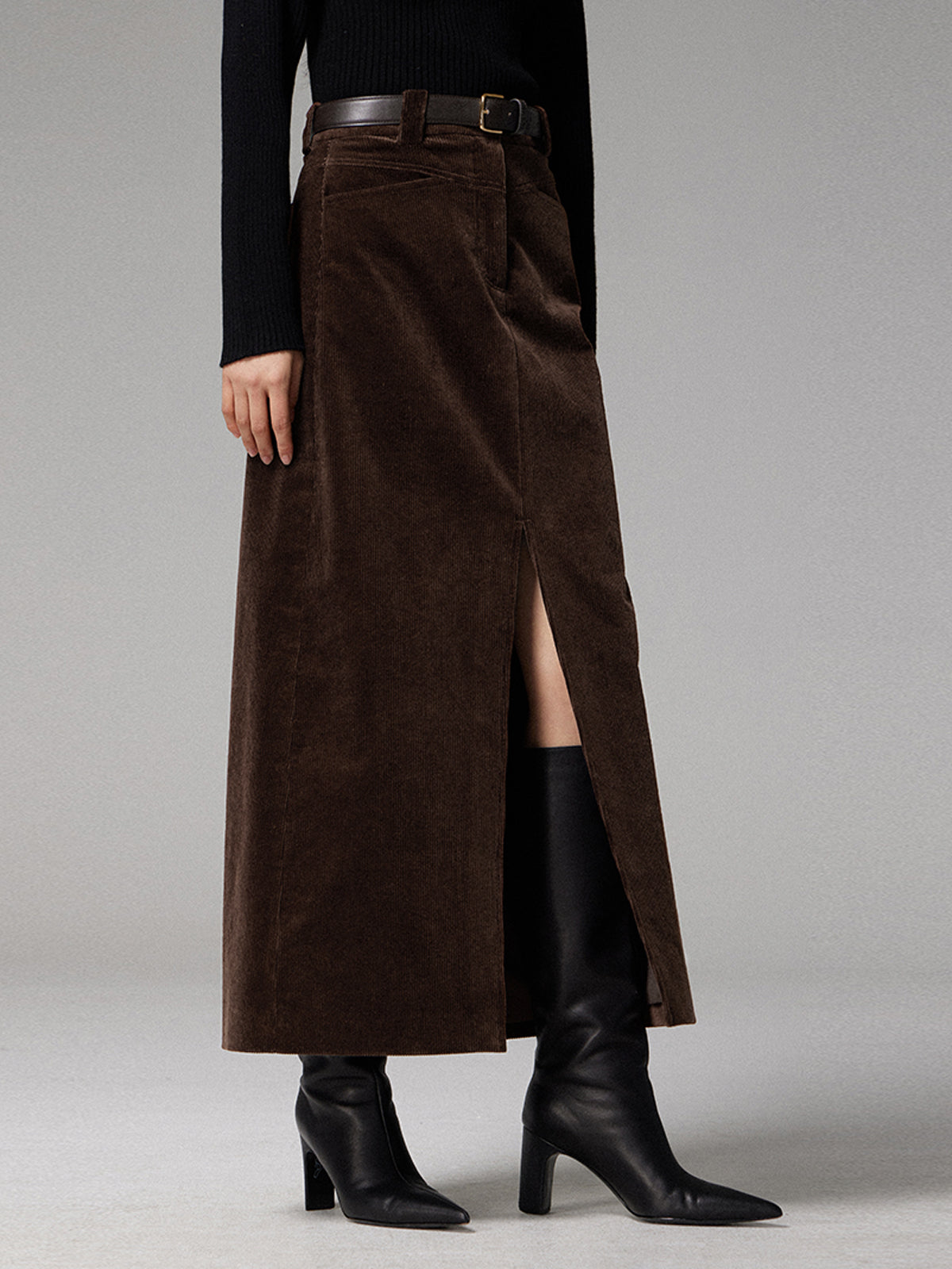 Pockets Corduroy Slit Maxi Skirt-Chicvia