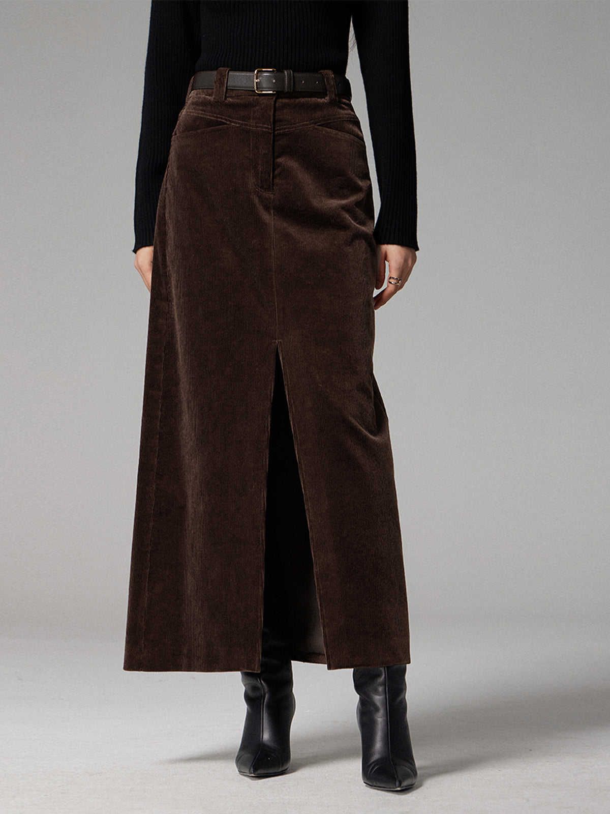 Pockets Corduroy Slit Maxi Skirt-Chicvia
