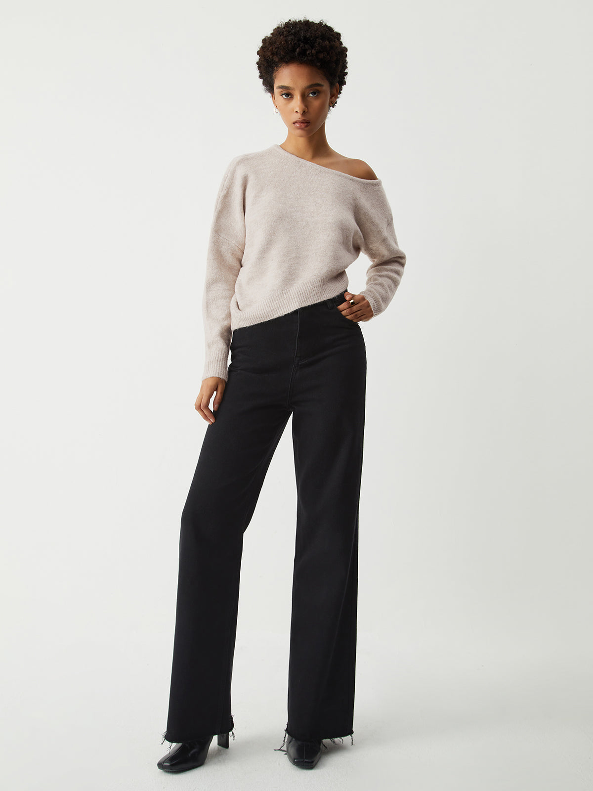 Oatmeal Oblique Hem Sweater-Chicvia