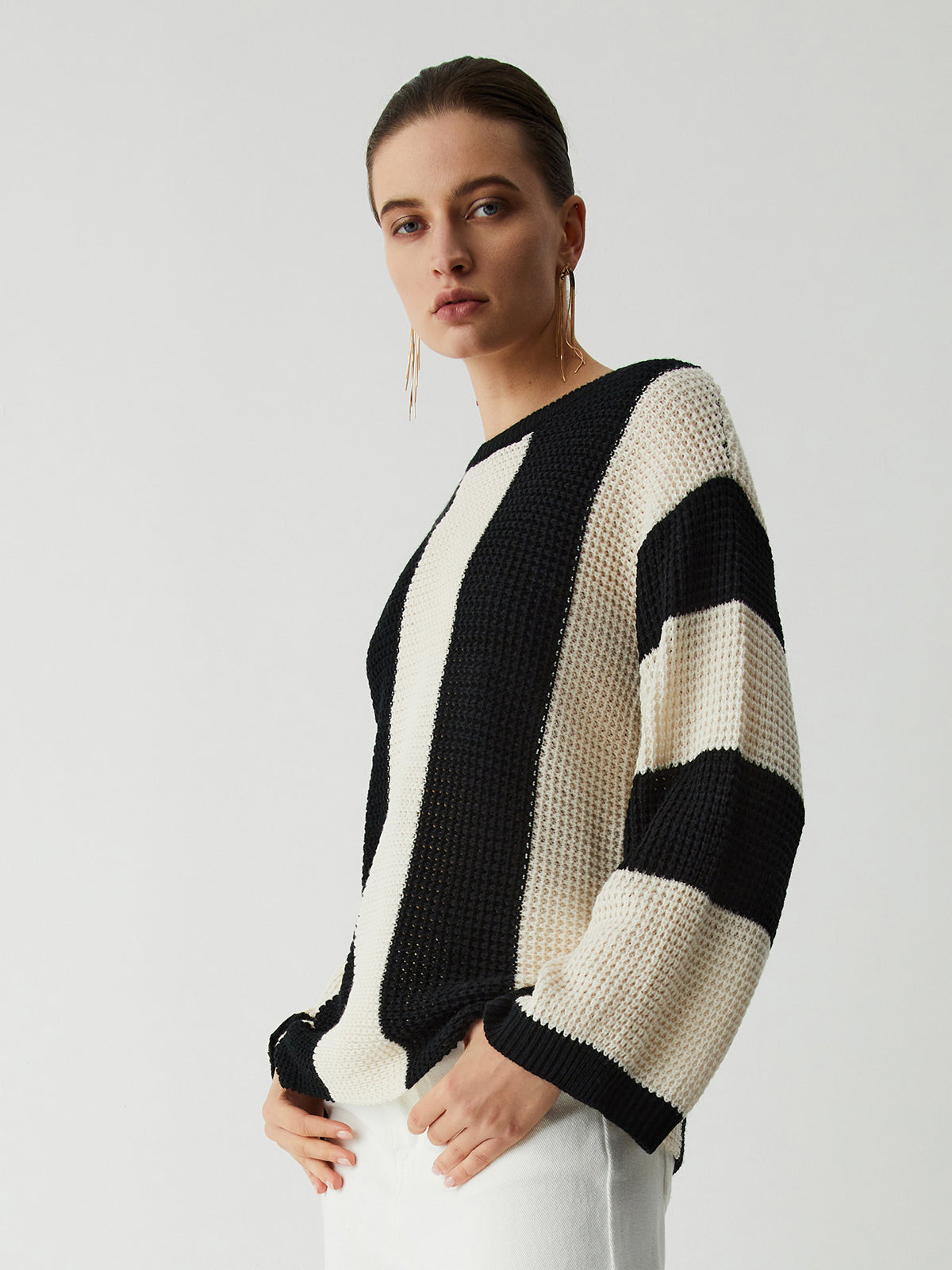 Pointelle Stripe Sweater-Chicvia