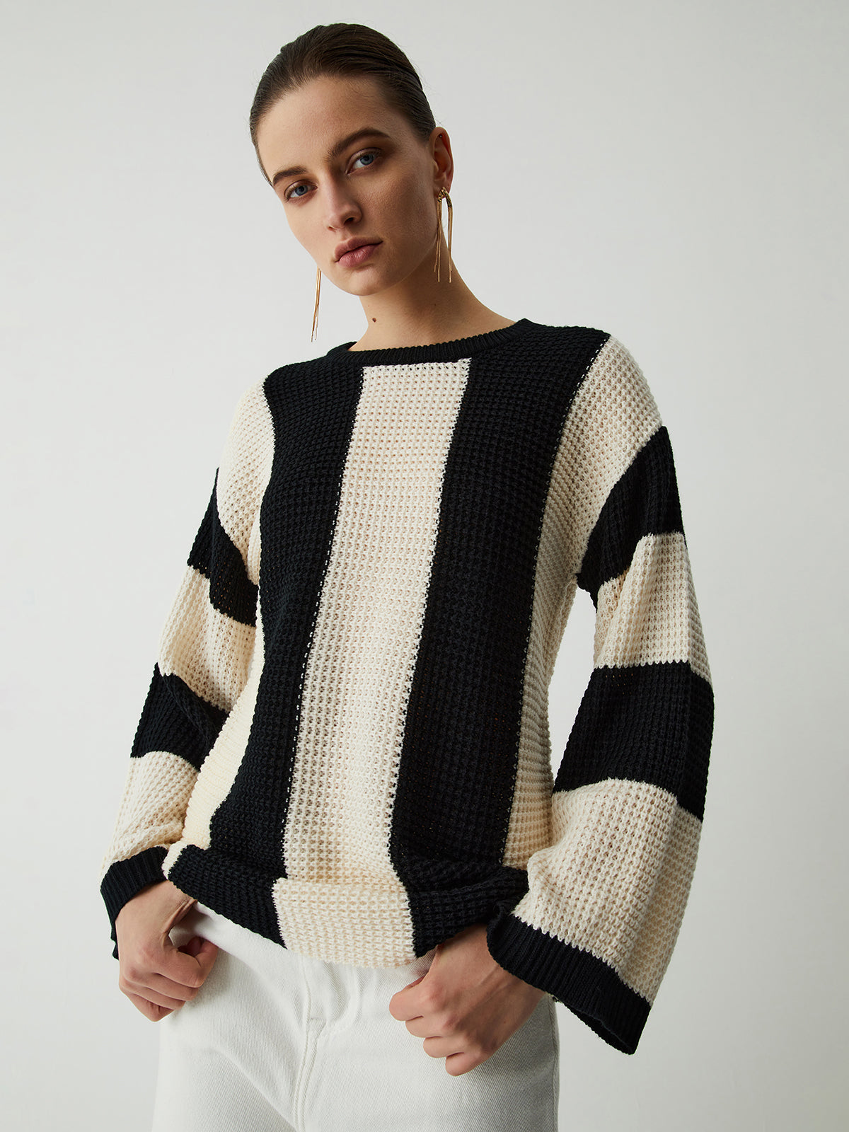 Pointelle Stripe Sweater-Chicvia