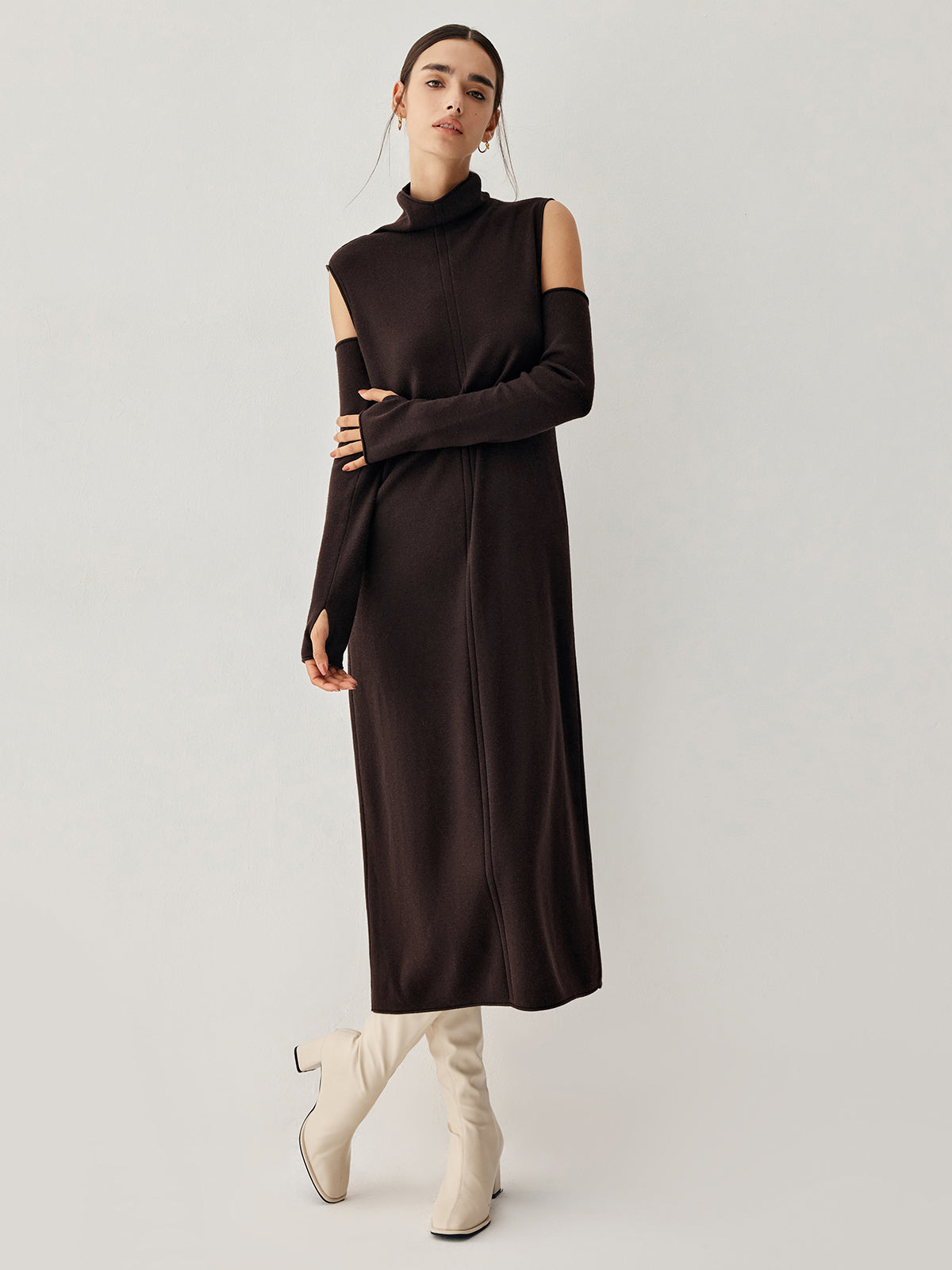 Mock Neck Long Sweater Dress With Gloves-Chicvia