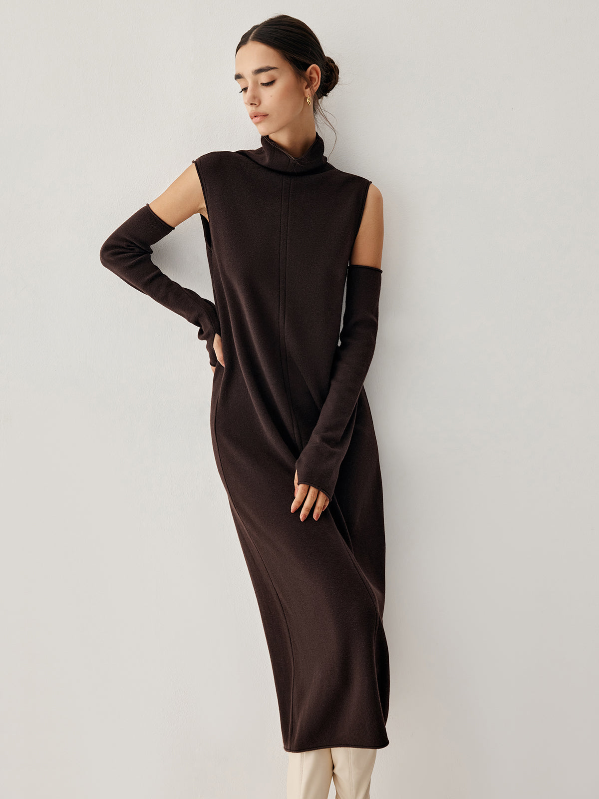 Mock Neck Long Sweater Dress With Gloves-Chicvia