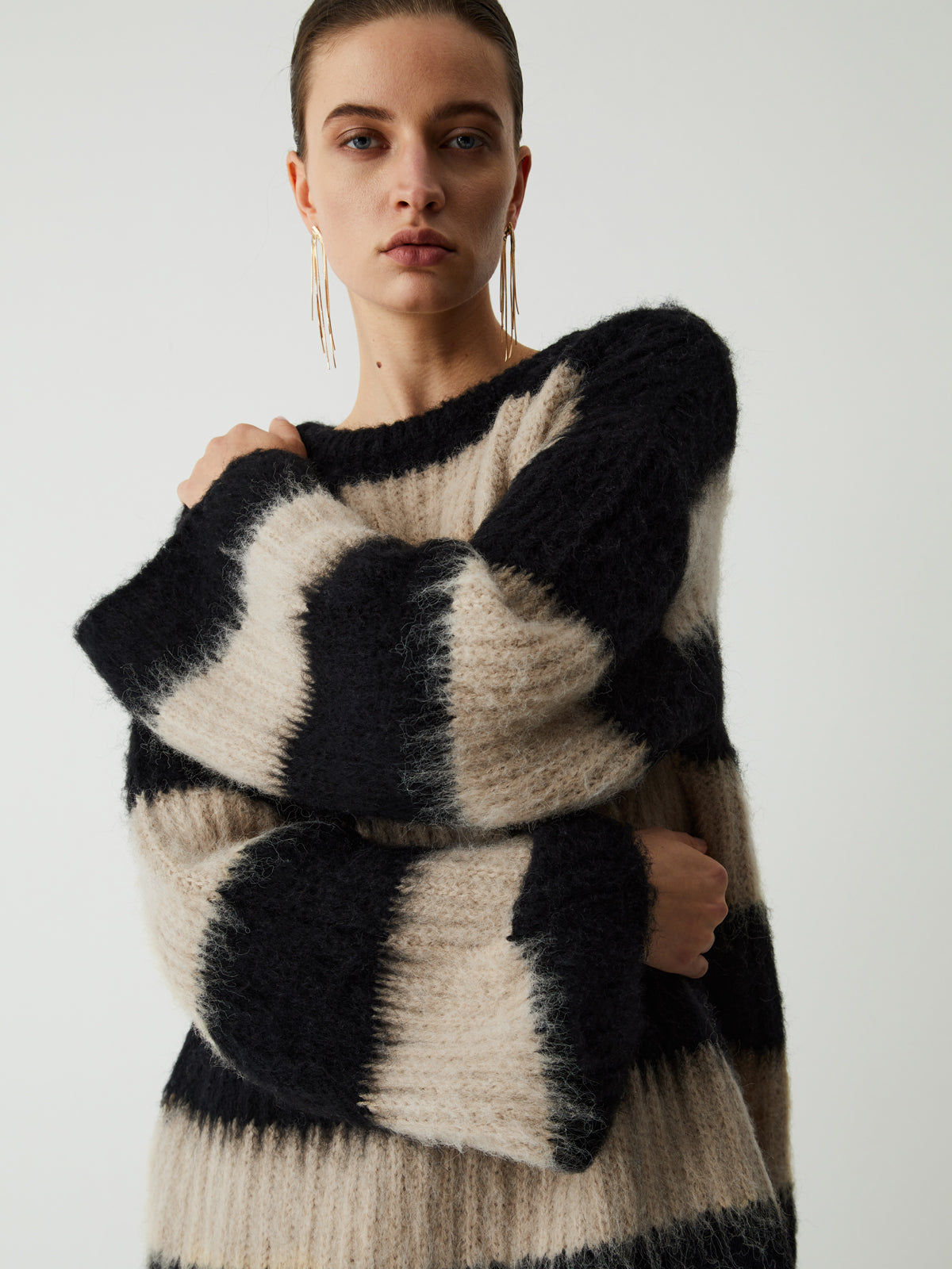 Mocha Stripe Fluffy Sweater-Chicvia