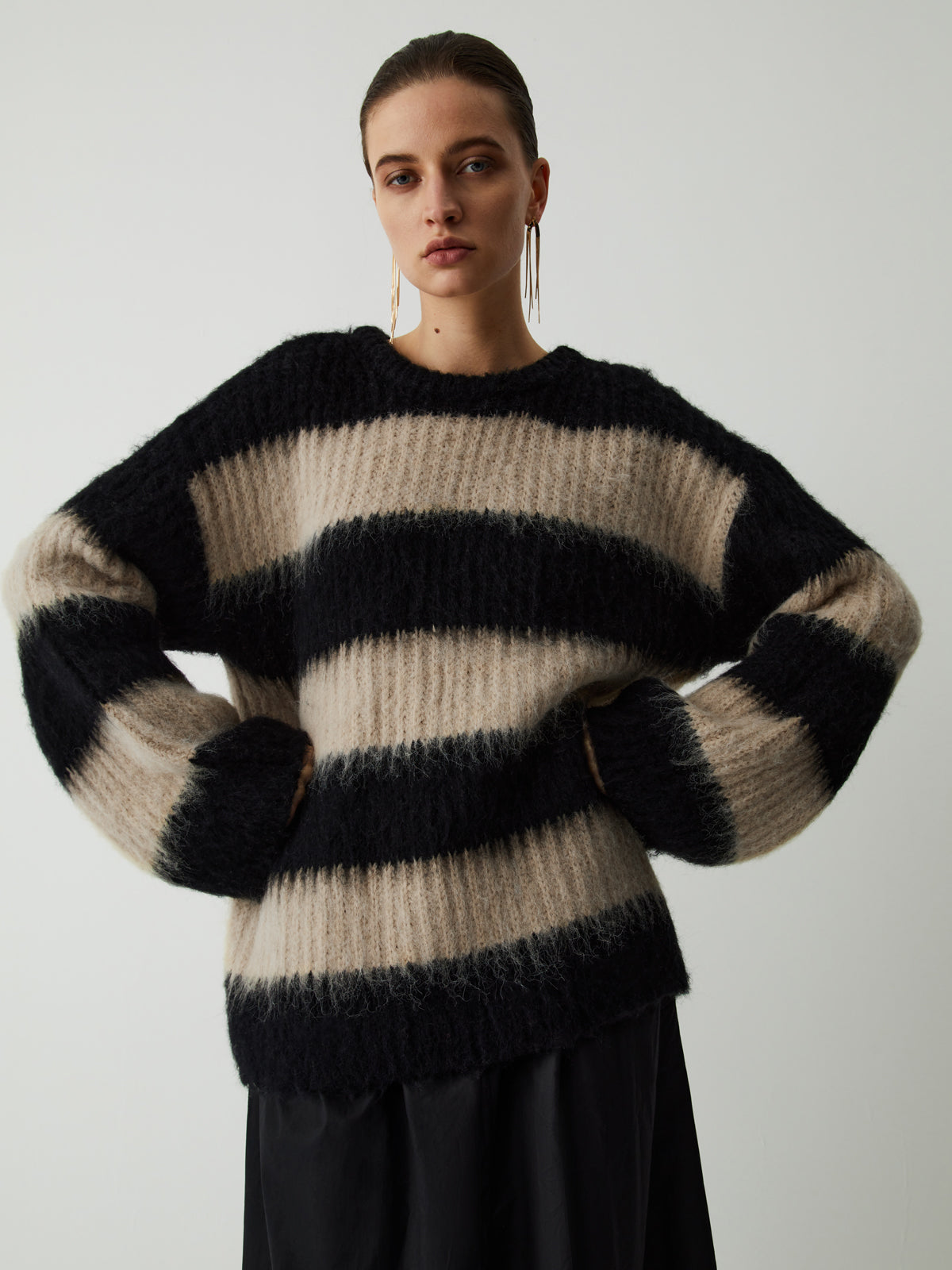 Mocha Stripe Fluffy Sweater-Chicvia