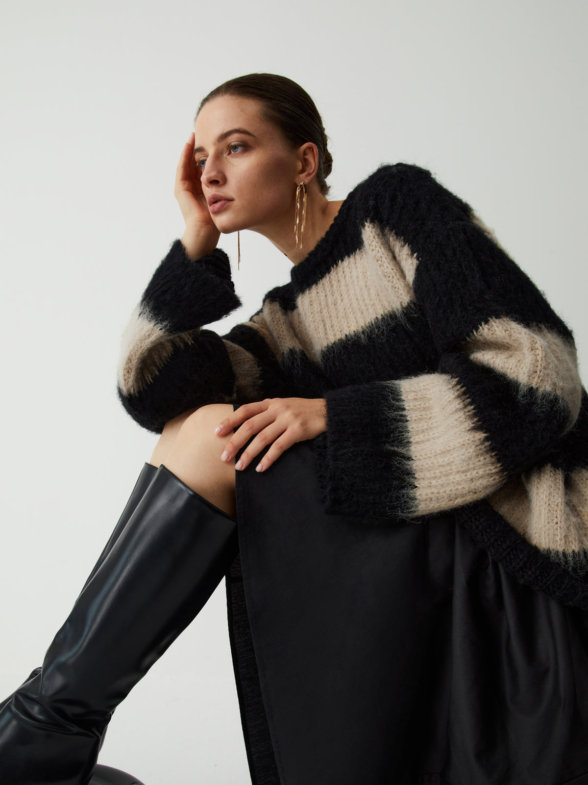 Mocha Stripe Fluffy Sweater-Chicvia