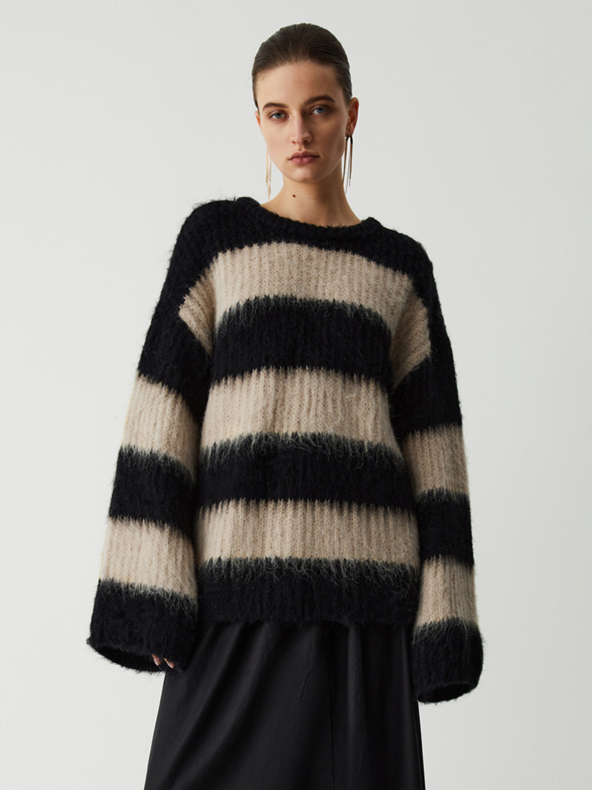 Mocha Stripe Fluffy Sweater-Chicvia