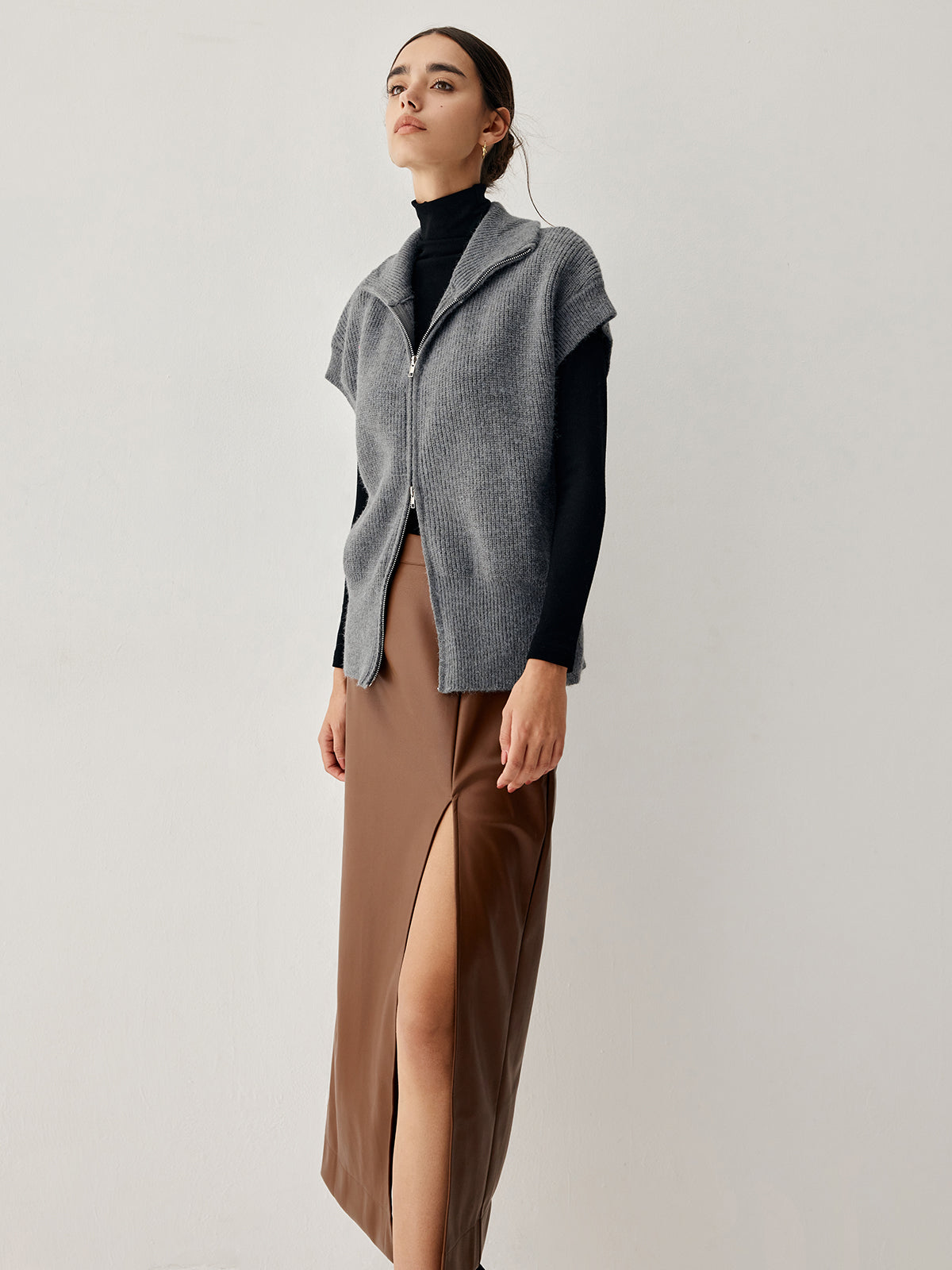 Open Collar Double Zip Curved Cardigan-Chicvia