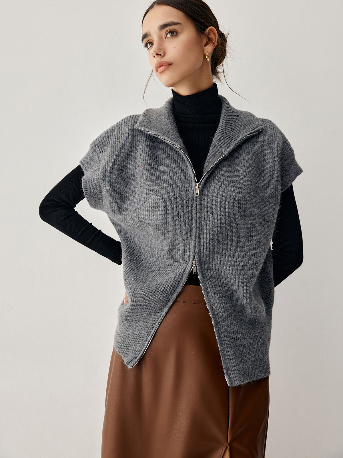 Open Collar Double Zip Curved Cardigan-Chicvia