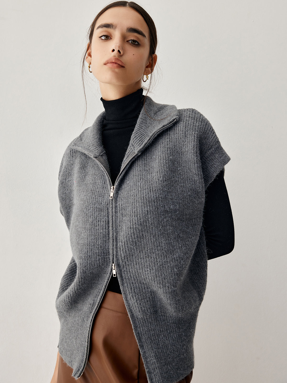 Open Collar Double Zip Curved Cardigan-Chicvia